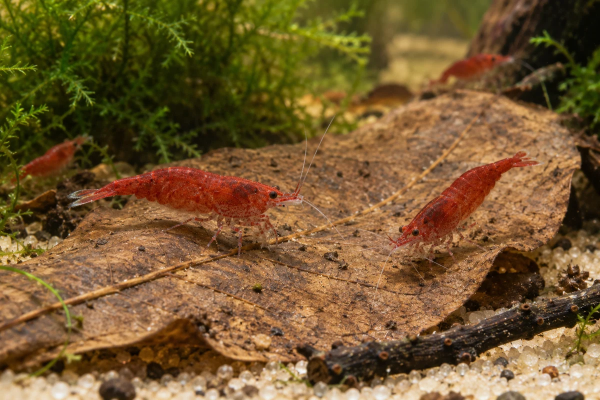 Red shrimp grazing over a softened brown leaf in clear aquarium water.