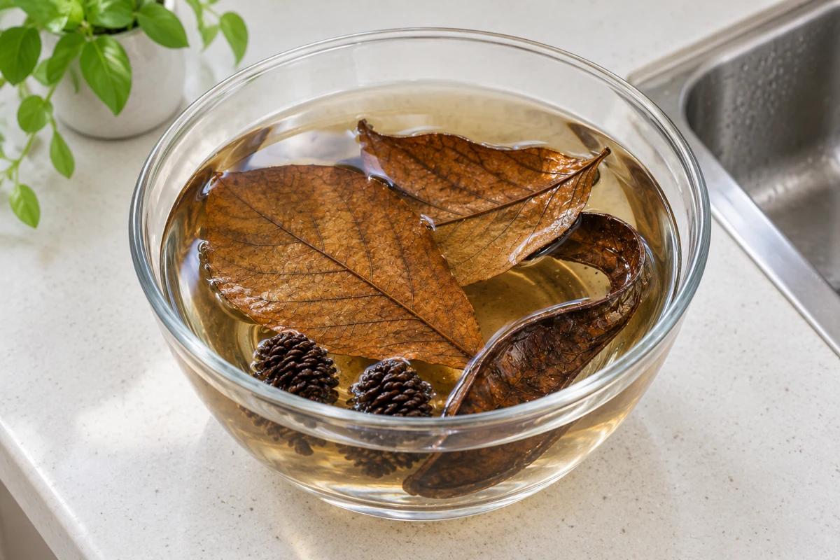 The same leaves, cones and woody pod soaking in a clear glass bowl of water beside the sink.