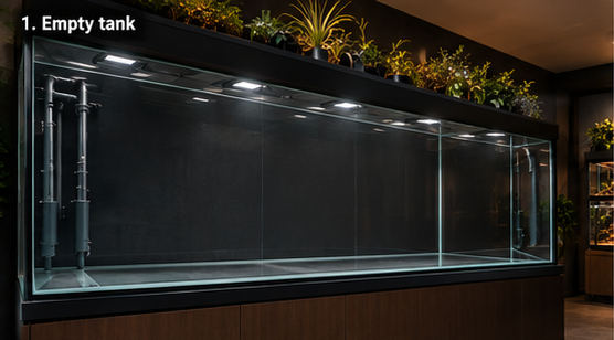 The empty 1,200-litre aquarium before substrate, hardscape and planting
