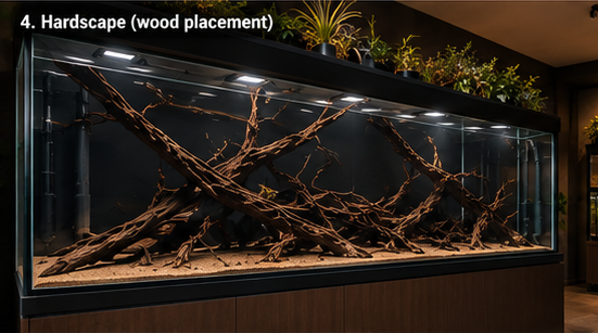 Large wood structure arranged across the aquarium before planting