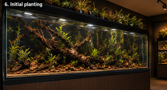 Initial aquarium planting growing between the large wood structure