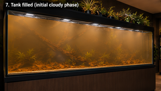 The newly filled aquarium while the water and materials begin to settle