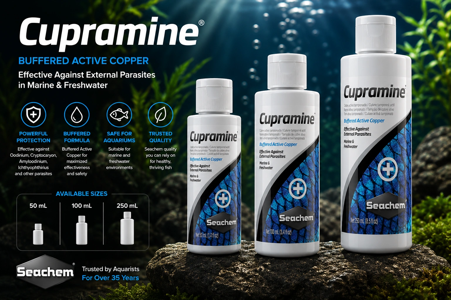 Seachem Cupramine 50ml 100ml 250ml Copper Solution Marine Fish Care package image