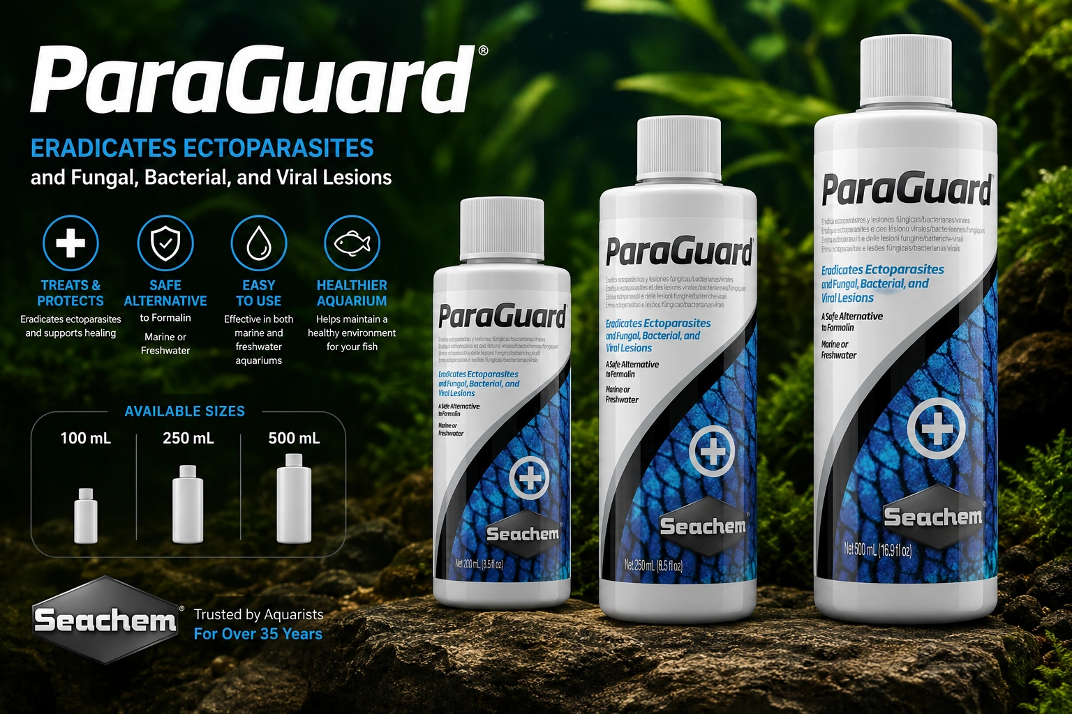 Seachem ParaGuard 100ml 250ml 500ml Ornamental Fish Water Care package image