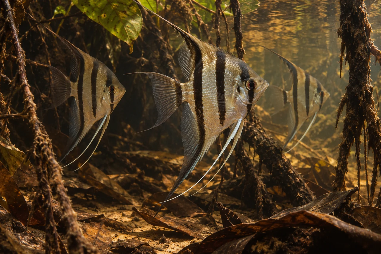 Silver angelfish with black vertical stripes among submerged roots and leaves.