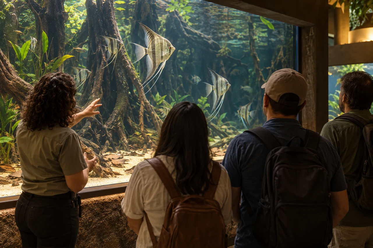 BBA illustration of an adult educator and visitors watching angelfish in a large freshwater aquarium.