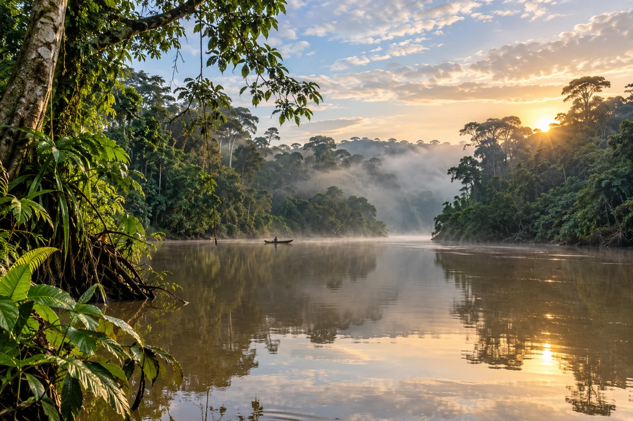 Morning mist over a calm tropical river framed by dense rainforest.