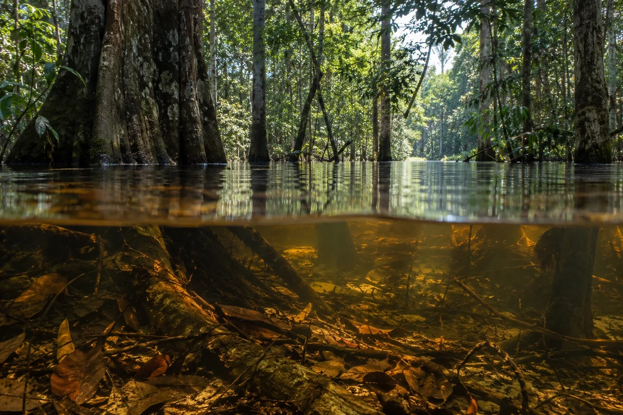 A flooded tropical forest with submerged roots and leaf litter beneath amber water.