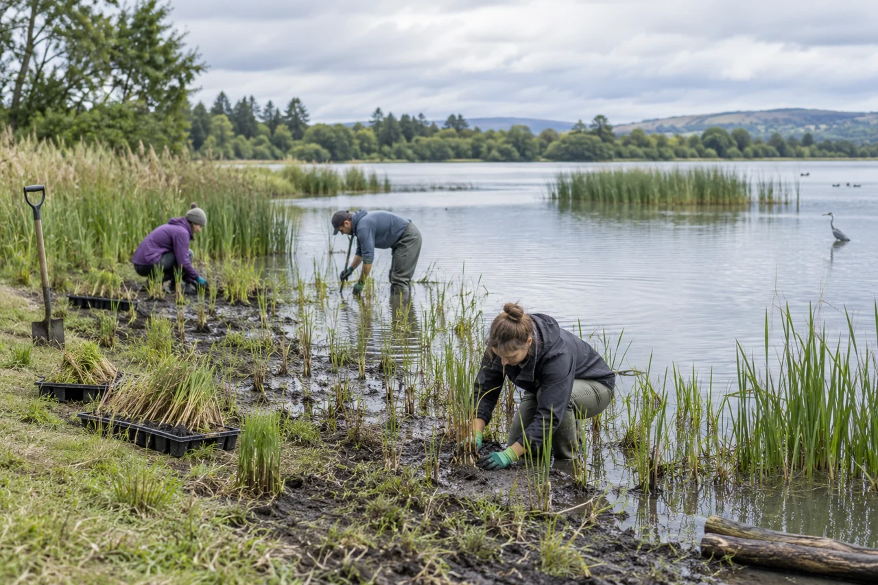 BBA illustration of adult volunteers planting reeds along a shallow freshwater lake bank.