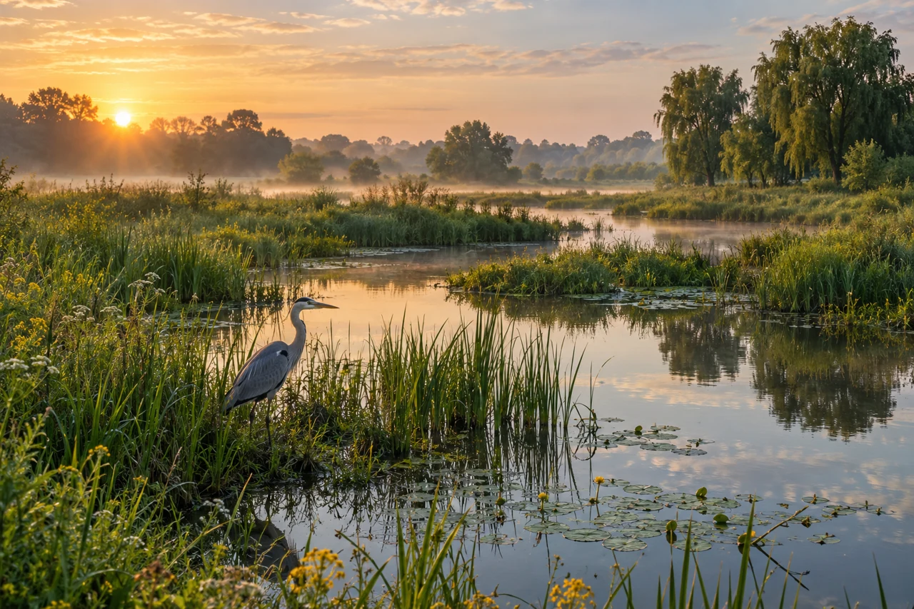 A grey heron standing beside reed-lined freshwater channels at sunrise.