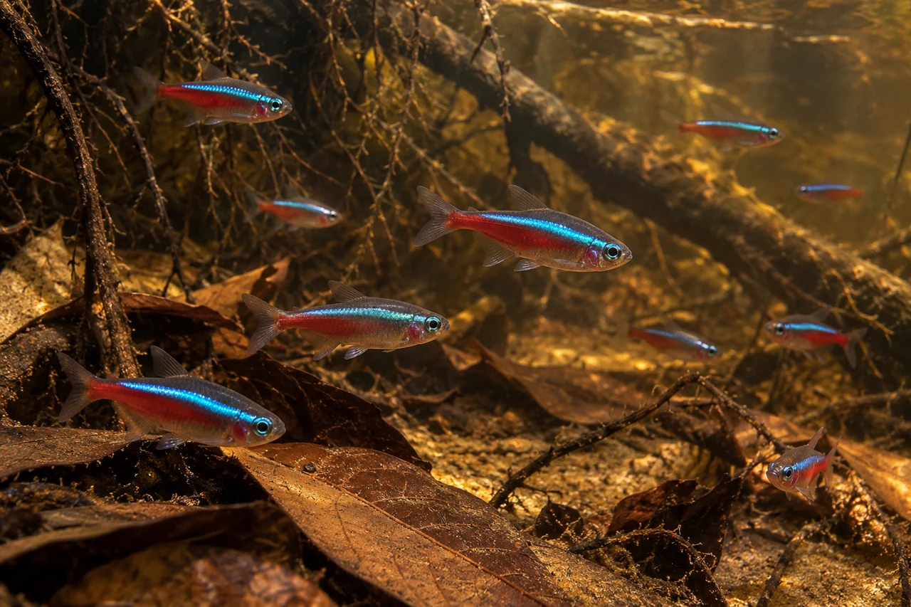 Cardinal tetras swimming among submerged roots and fallen leaves in clear amber water.