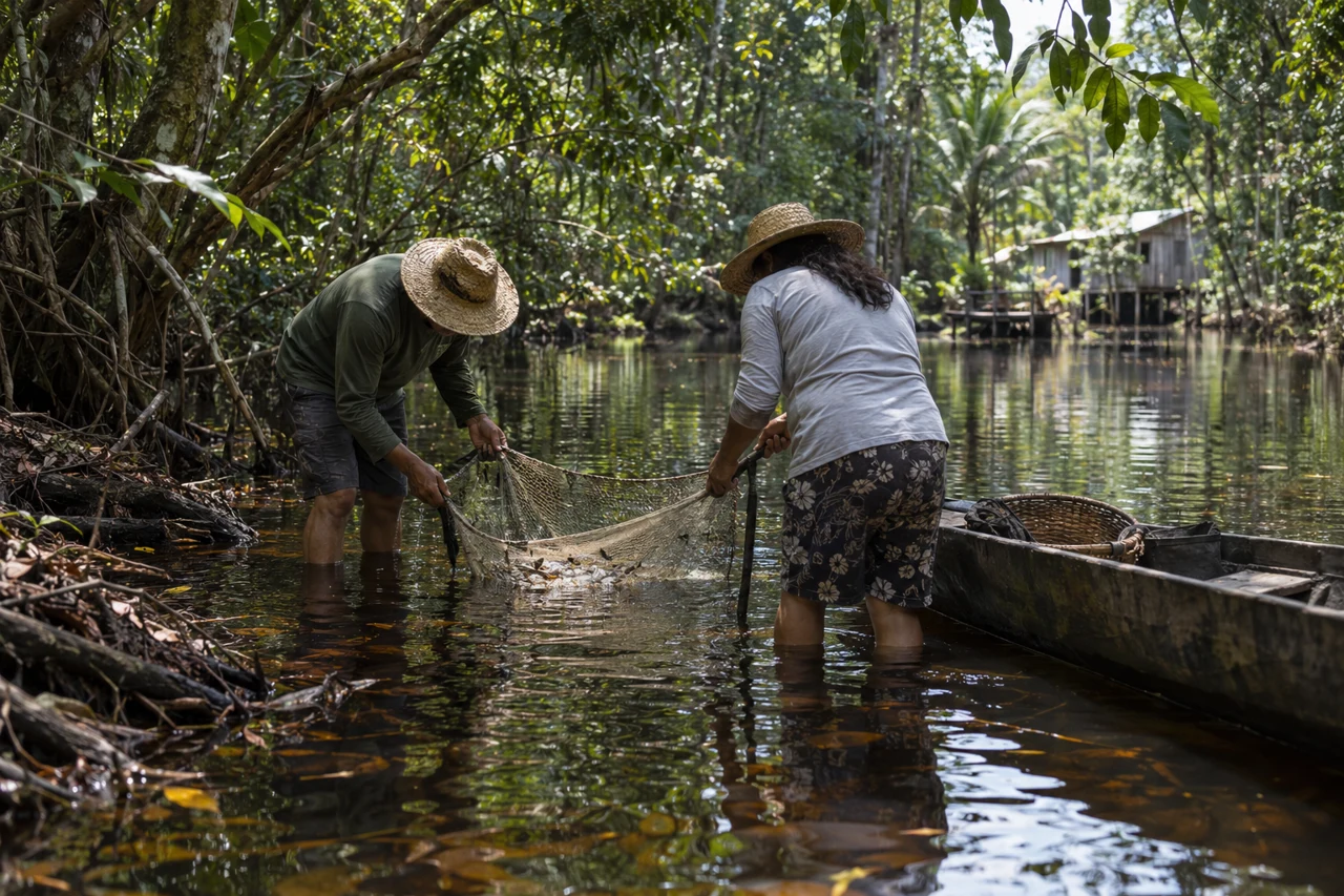 BBA illustration of two adult fishers using a small net beside a canoe in a shaded tropical forest stream.