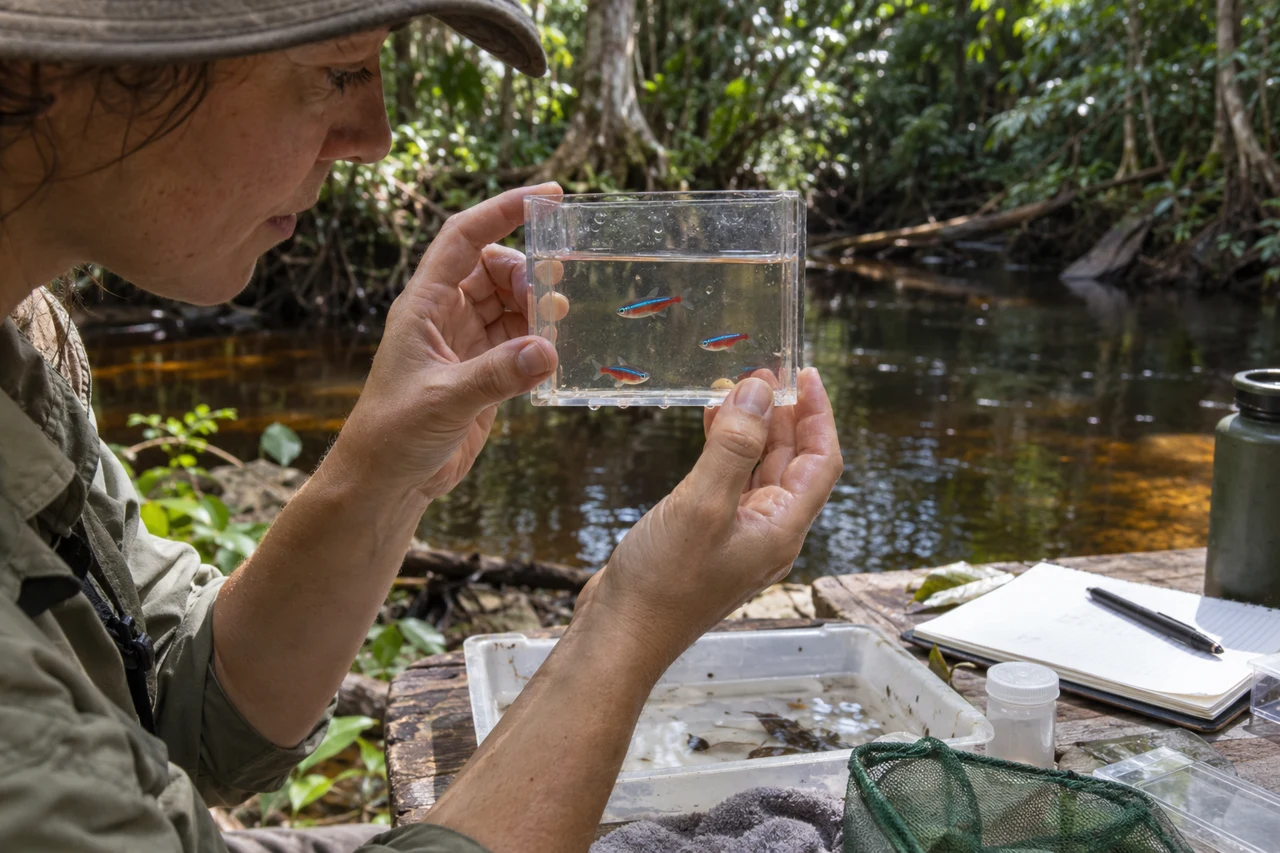 BBA illustration of a field researcher inspecting small fishes in a water-filled container beside a forest stream.