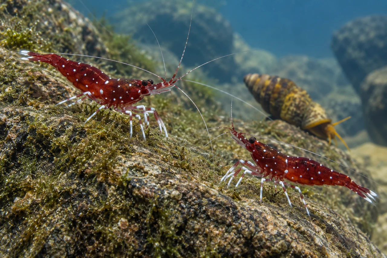 Red, white-spotted cardinal shrimp grazing on a lake rock, with a long-spired snail behind.