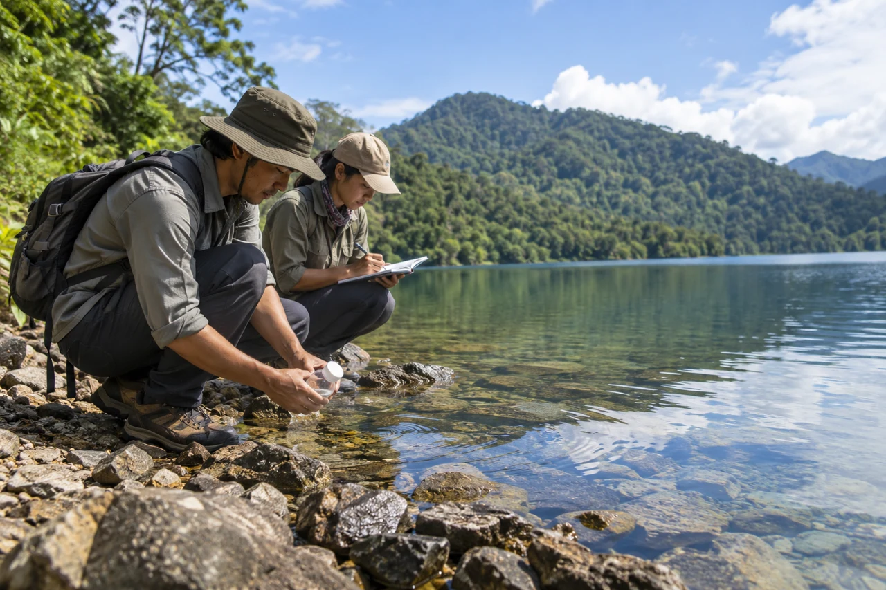 BBA illustration of two adult researchers collecting a water sample and recording observations at a rocky lake shore.
