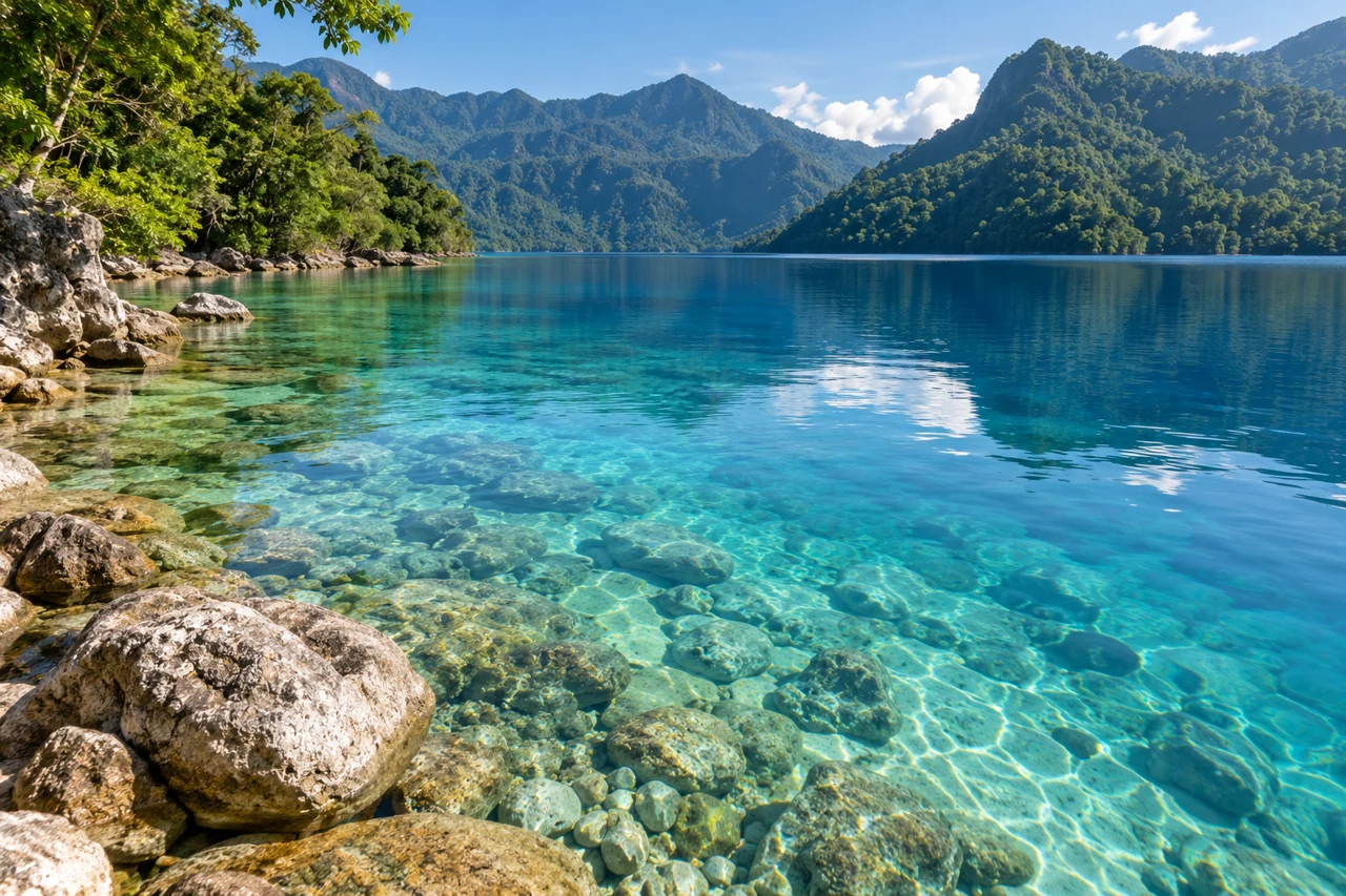 Clear turquoise lake water over pale shoreline rocks with green tropical hills beyond.