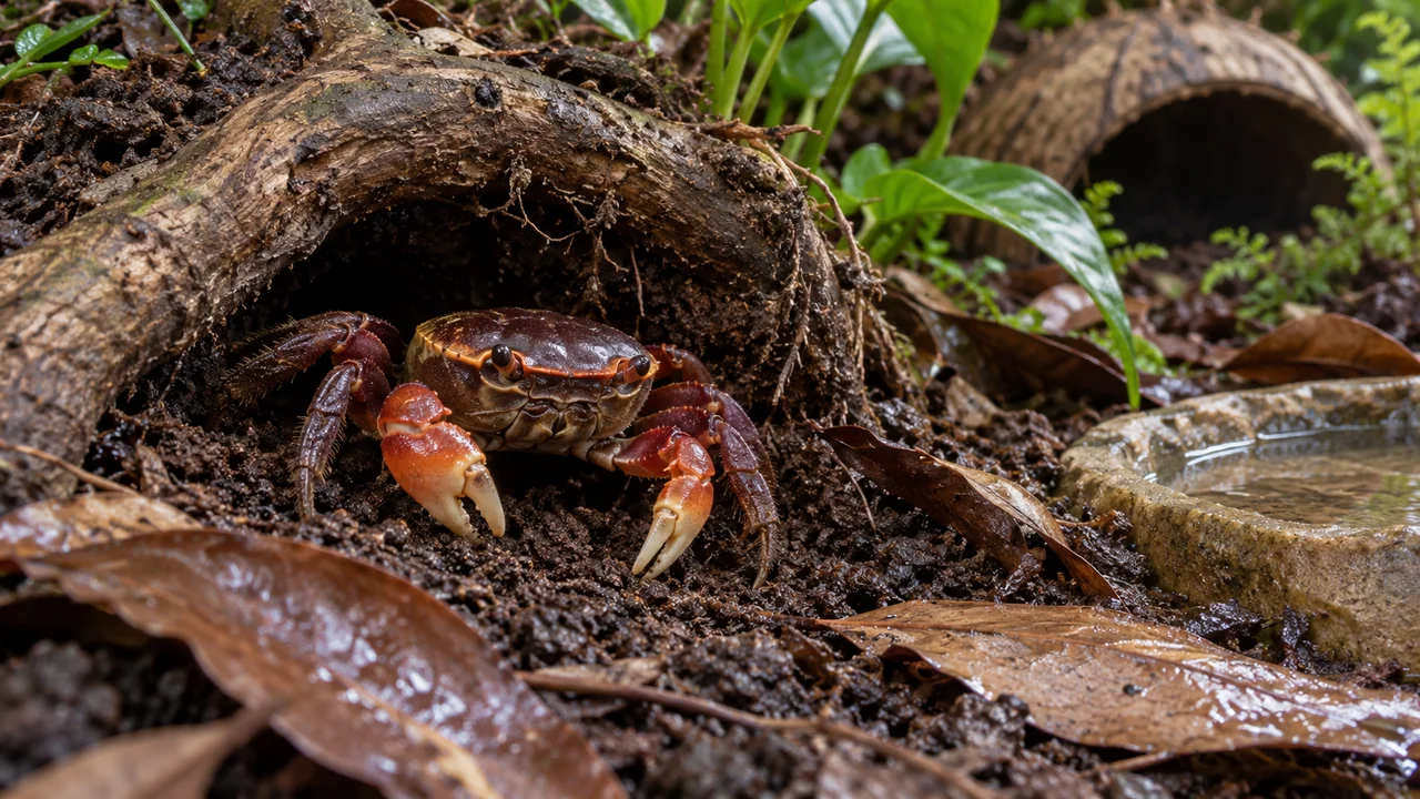 Metasesarma aubryi emerging from a sheltered soil burrow beneath a curved root, showing its rounded shell and pale claw tips.