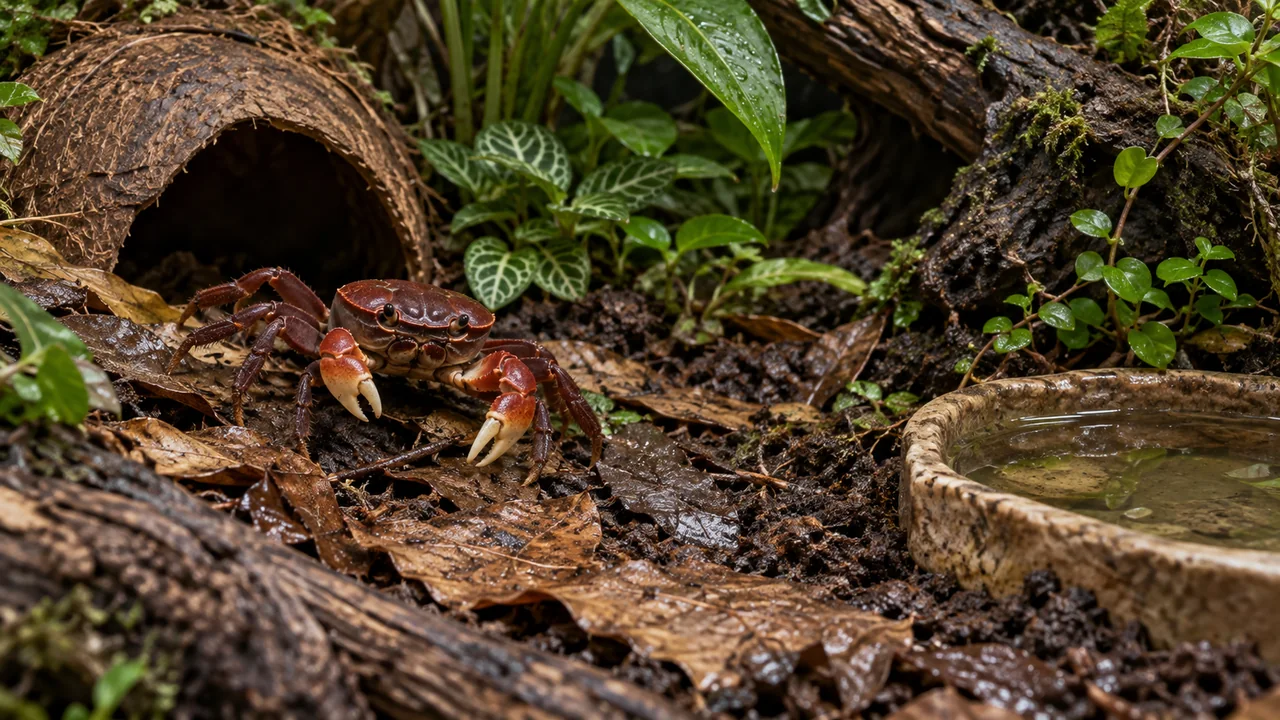 A land-dominant humid terrarium with deep burrowable substrate, broad litter cover and a shallow easy-exit water dish.