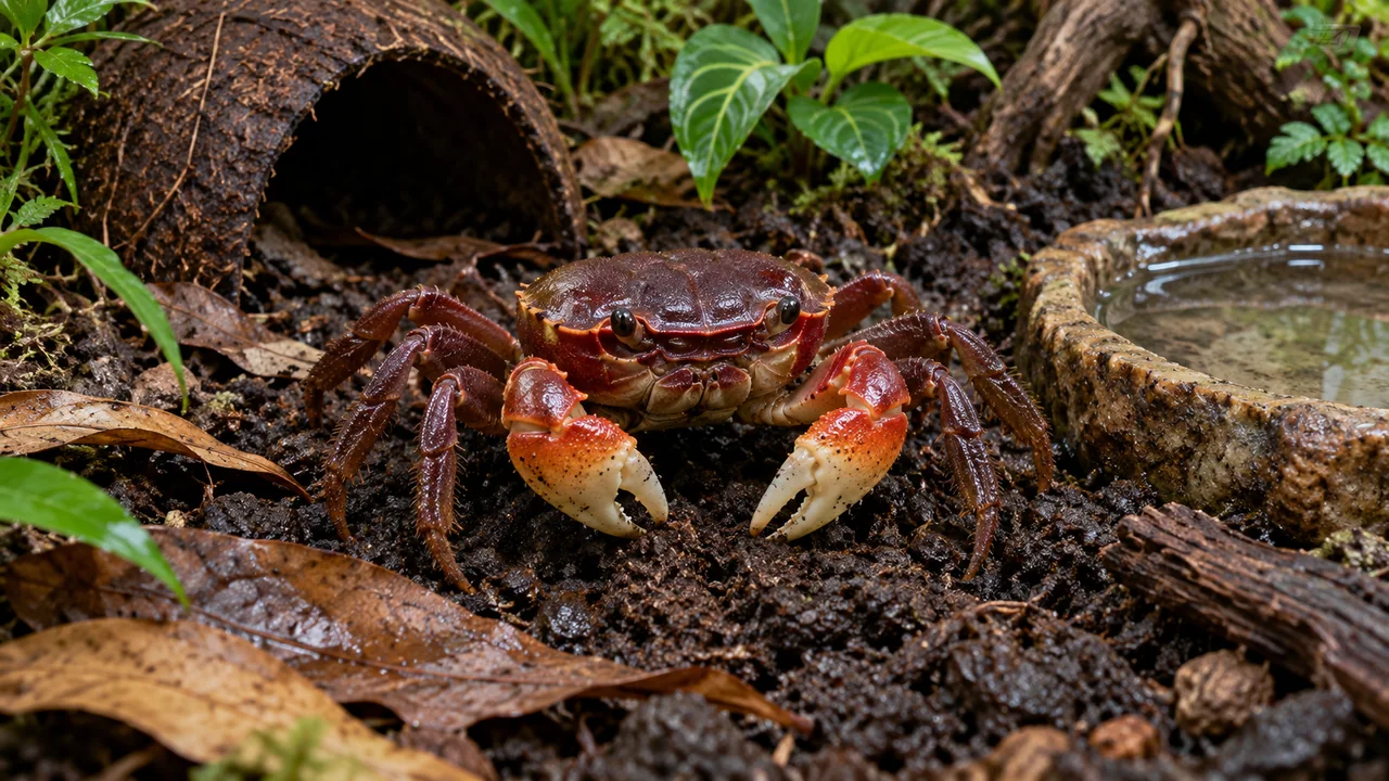 A reddish-brown Red Apple Crab with pale claw fingers on deep moist soil beside leafy shelter.