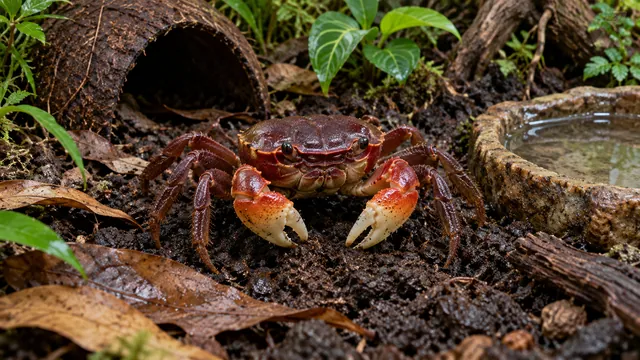 A reddish-brown Red Apple Crab with pale claw fingers on deep moist soil beside leafy shelter.