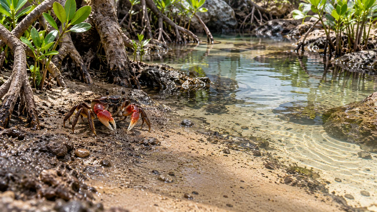 A brackish mangrove-edge arrangement with moist land, an accessible water channel and several gentle exits.