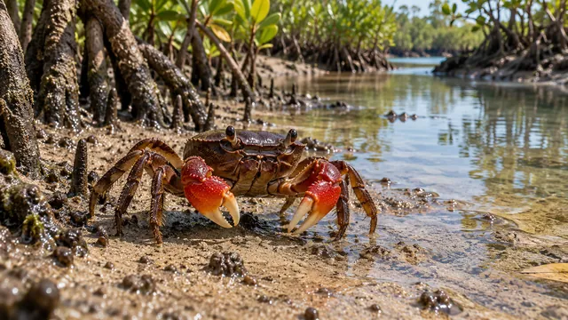 A brown Parasesarma bidens with red claws and pale pincer tips at a mangrove water margin.