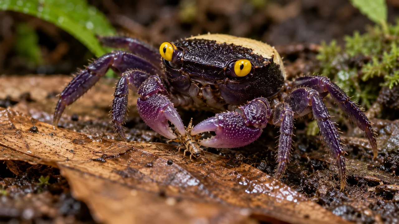 Purple claws and yellow eyes of a vampire crab examining a small food item on a sheltered brown leaf.