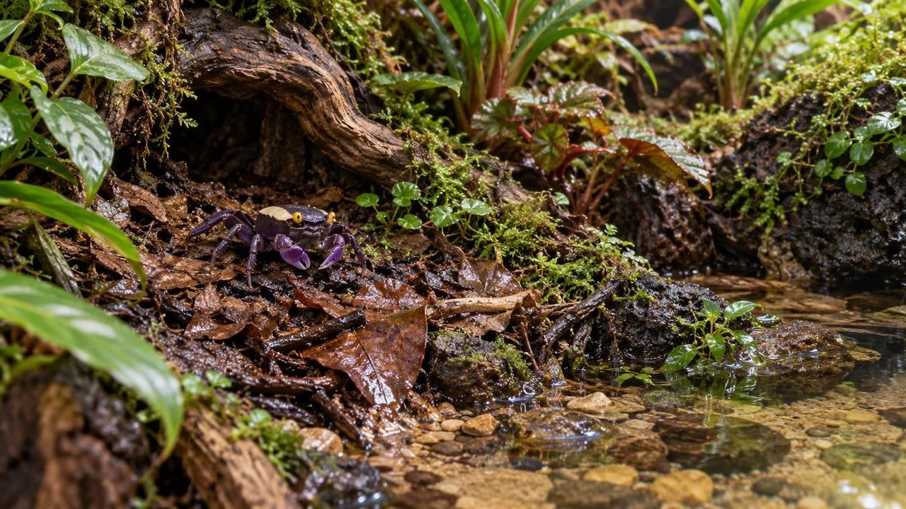 A land-dominant planted paludarium with sheltered leaf litter and a shallow freshwater margin with several exits.