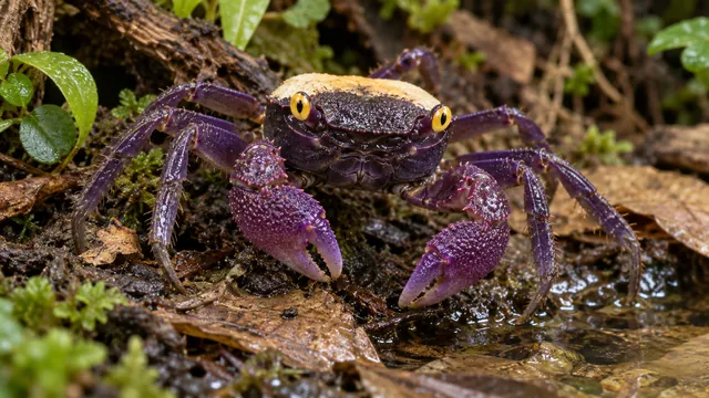 A purple Geosesarma dennerle with yellow eyes and a pale rear carapace patch on damp forest-floor litter.