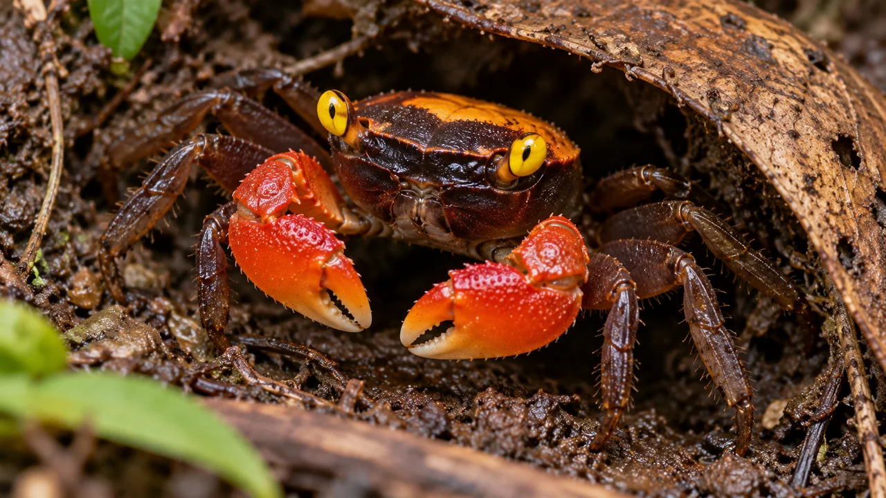 Red-orange claws and the dark front carapace of Geosesarma hagen at a sheltered burrow entrance.