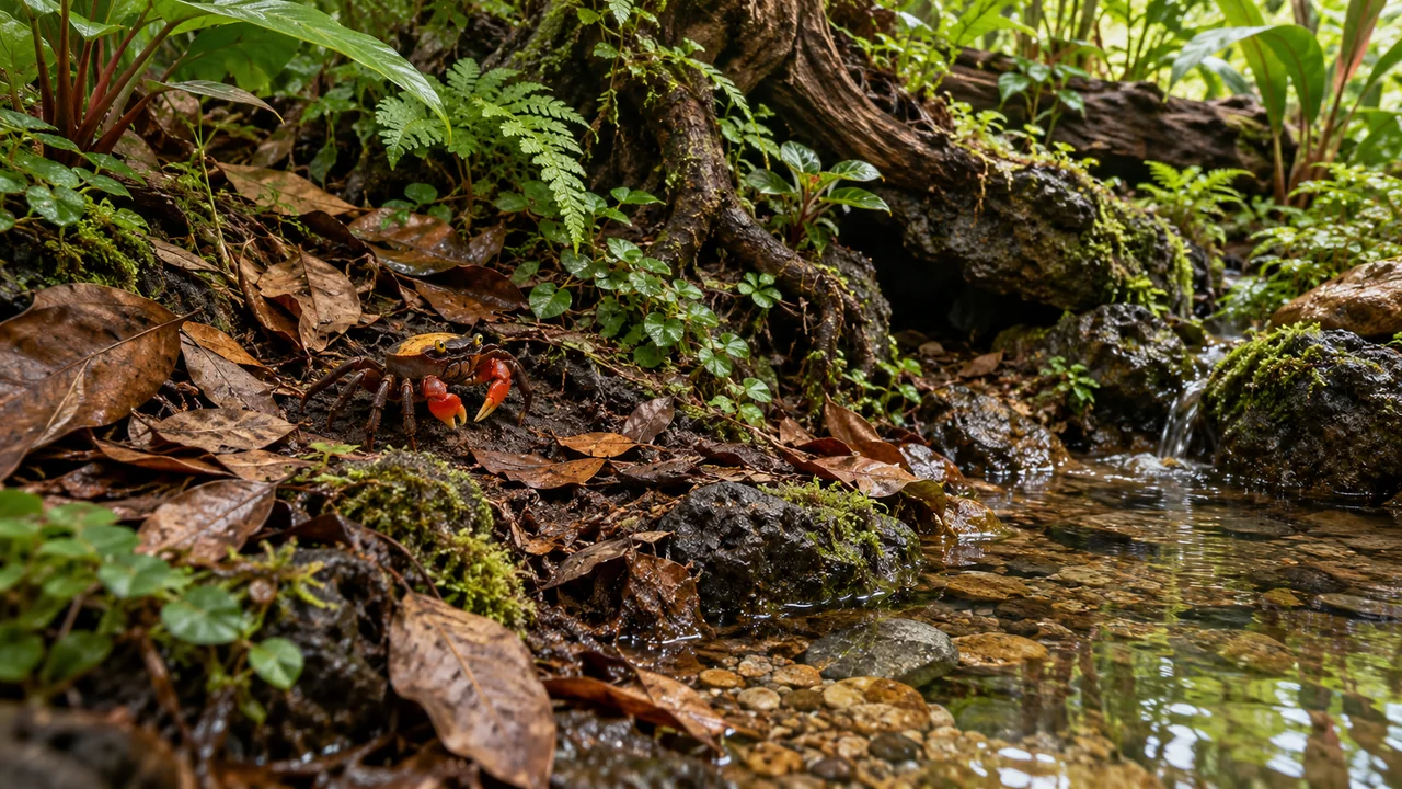 A broad humid planted bank with sheltered soil and an accessible shallow freshwater margin for red devil crabs.