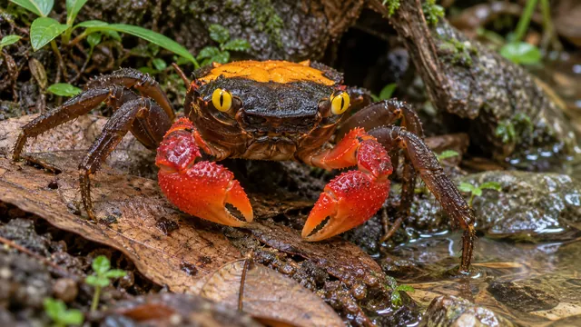 A Geosesarma hagen with orange-backed shell, red-orange claws and yellow eyes on damp leaf litter.