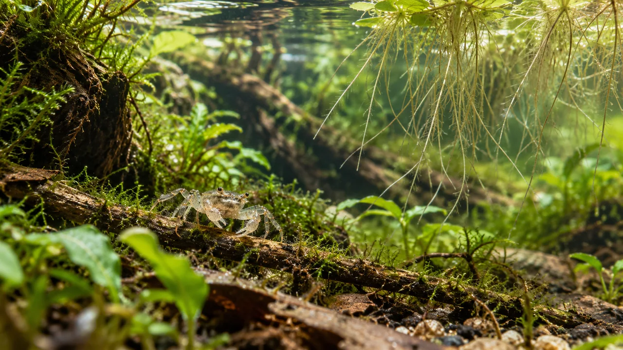 A mature planted freshwater aquarium with suspended fine roots, moss-covered wood and protected gentle circulation.