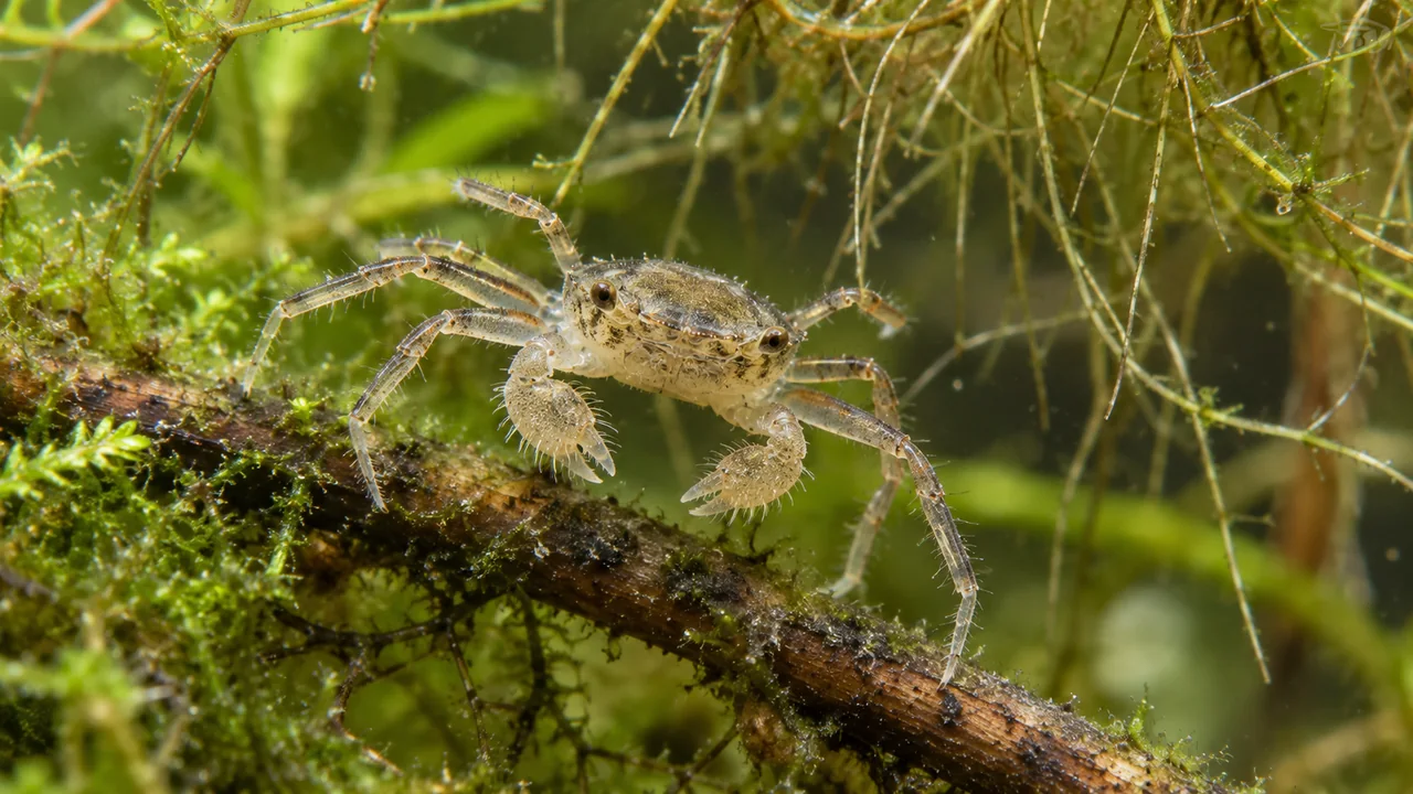 A tiny translucent Thai micro crab with fine bristles and slender legs among submerged roots and moss.