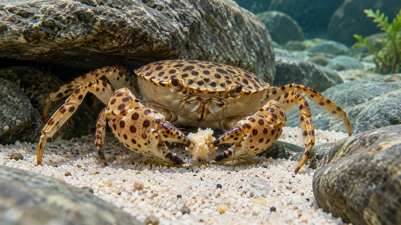 Spotted claws and carapace of Parathelphusa pantherina at a broad underwater rock refuge beside an accessible feeding area.