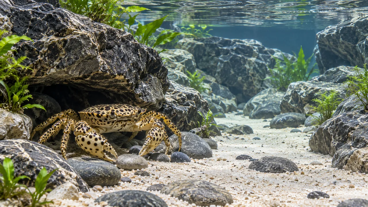 A clear freshwater rocky aquarium with secure broad stone refuges, open sand and no terrestrial island.