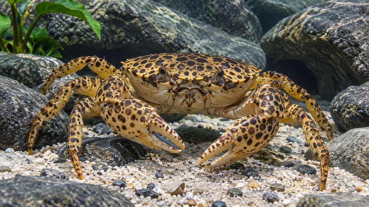 A pale yellow Panther Crab with dark spotted carapace, claws and legs beside submerged rocks and sand.