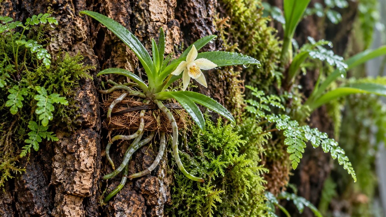 A small cultivated orchid attached to bark with exposed roots and air space around its crown.