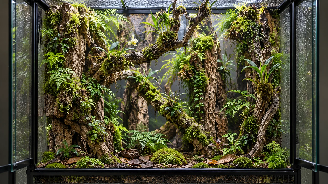 Tall planted vivarium with spaced cork branches, small orchids, ferns and separate moss patches.