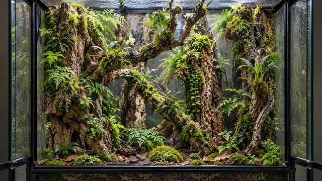 Tall planted vivarium with spaced cork branches, small orchids, ferns and separate moss patches.