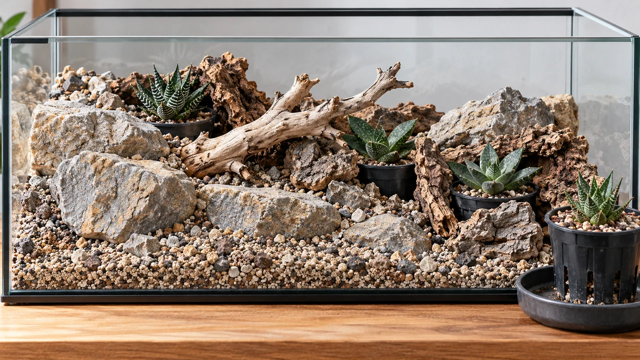 Separate draining plant pots among stable mineral hardscape, with one pot removed to an external watering tray.