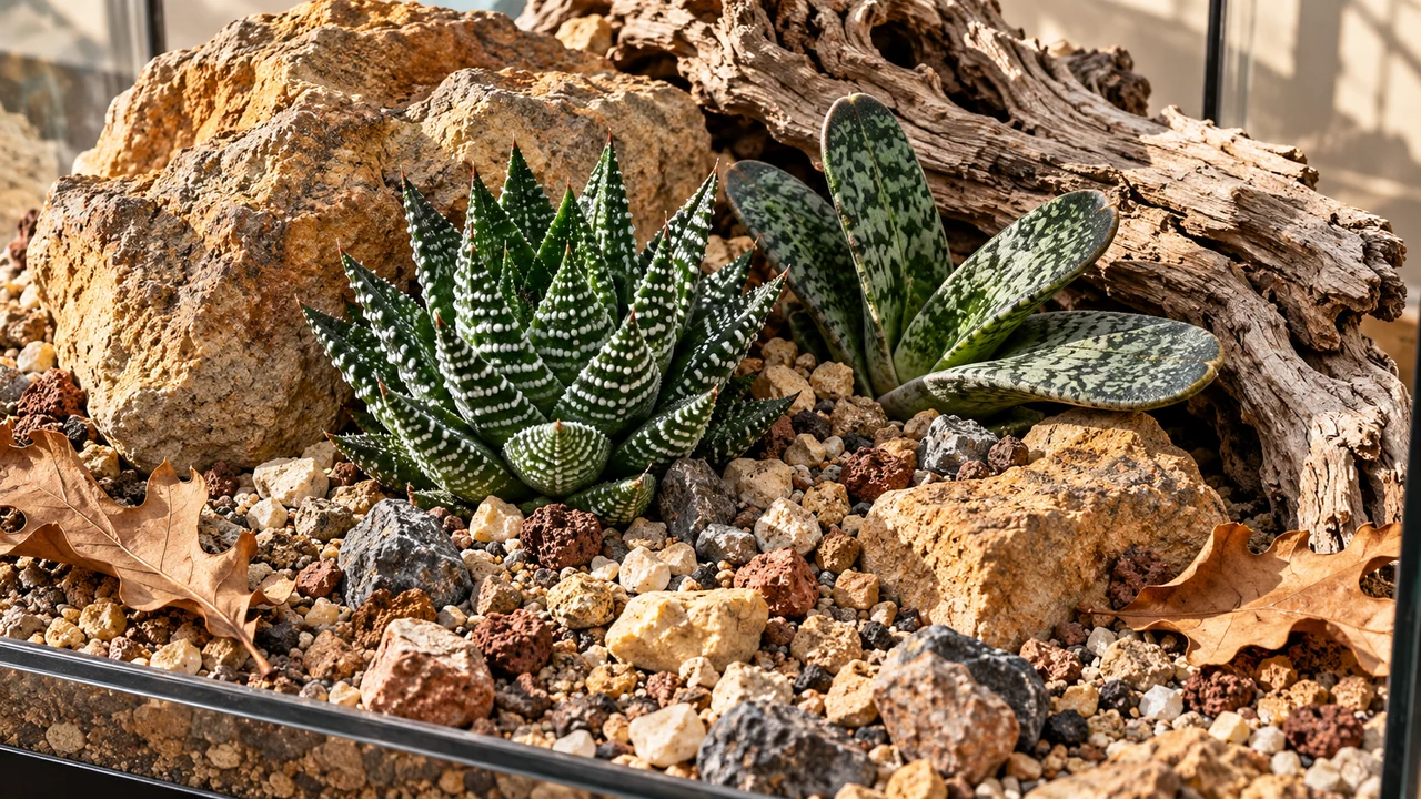 Healthy compact succulent rosettes above dry grit beside weathered bark and sparse curled leaves.