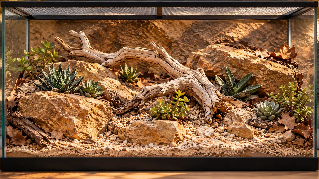 Dry scrub-style terrarium with open mineral ground, sparse succulent plants, bleached wood and a few dry leaves.