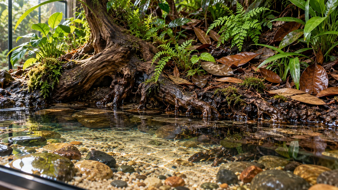 A planted bank crown above a wet root edge and clear shallow water.