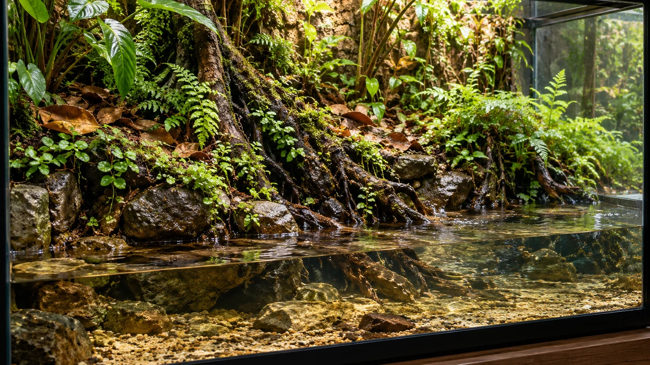 Rainforest paludarium with a raised left bank, rooted plants and an accessible clear front pool.