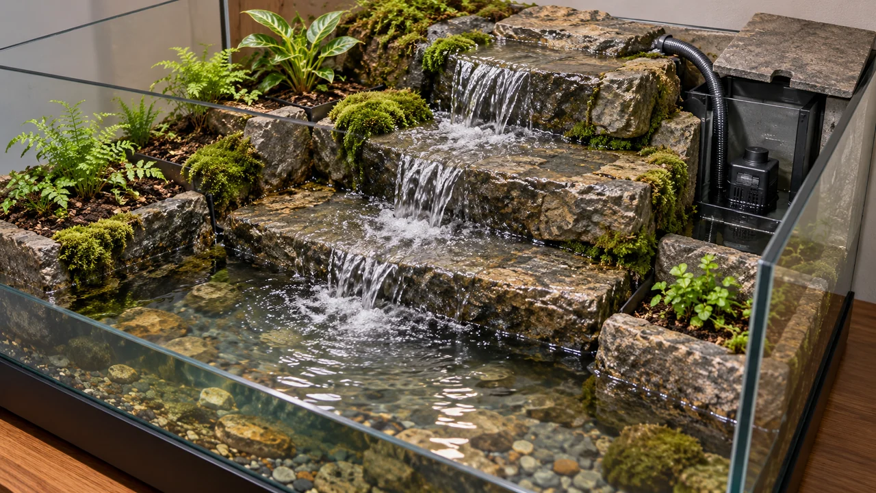 Part-built cascade showing stable low steps, upper return hose and a removable pump service cover.
