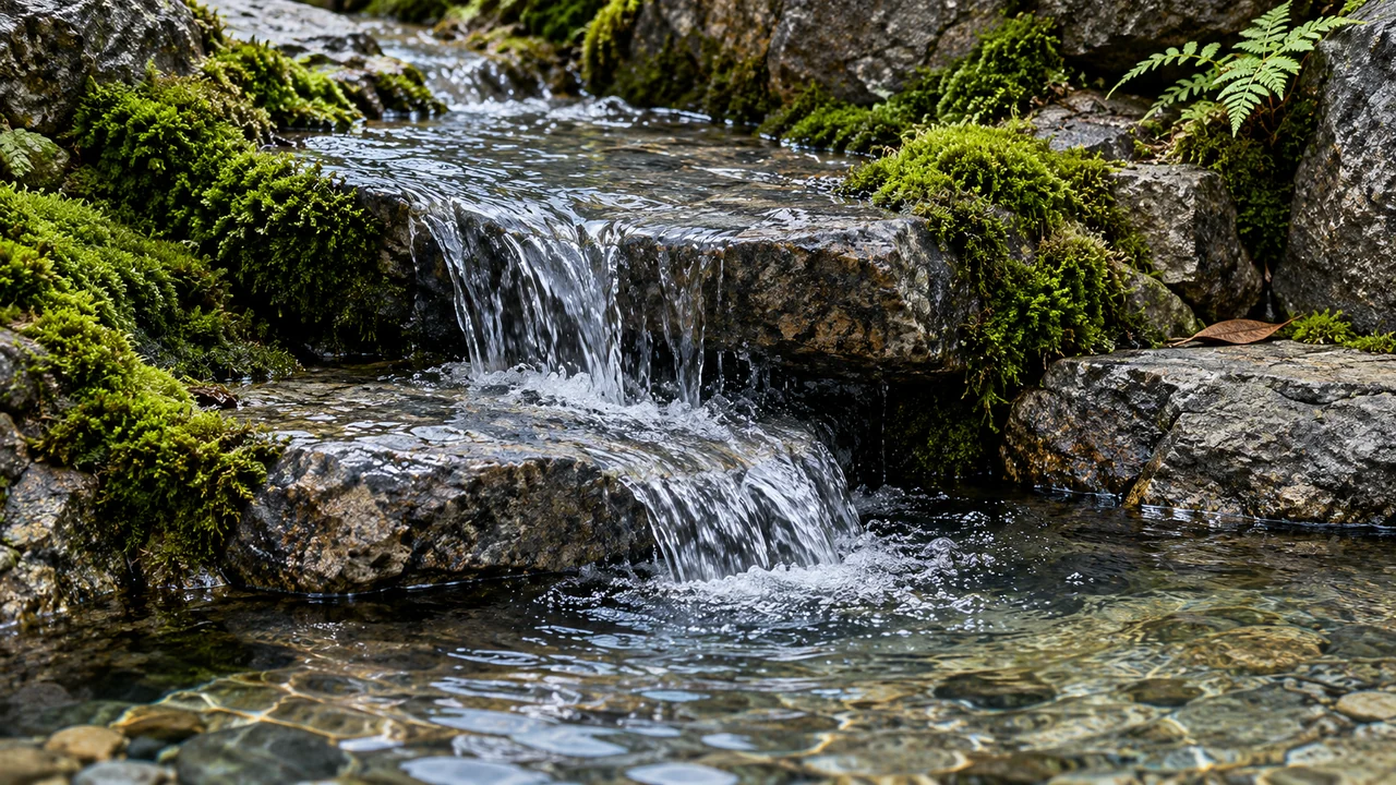 A clear water sheet crossing bare stone beside damp moss and a higher fern pocket.