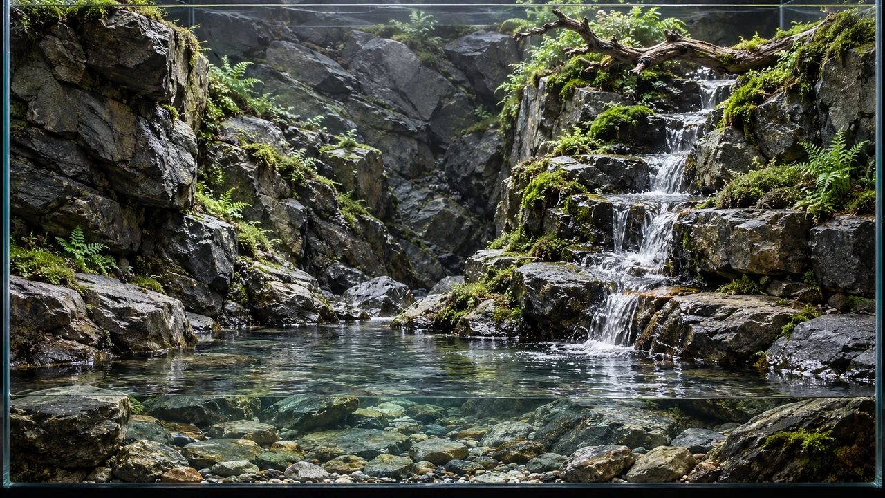 Stone-gorge paludarium with a small cascade, open front basin and moss only on selected shoulders.