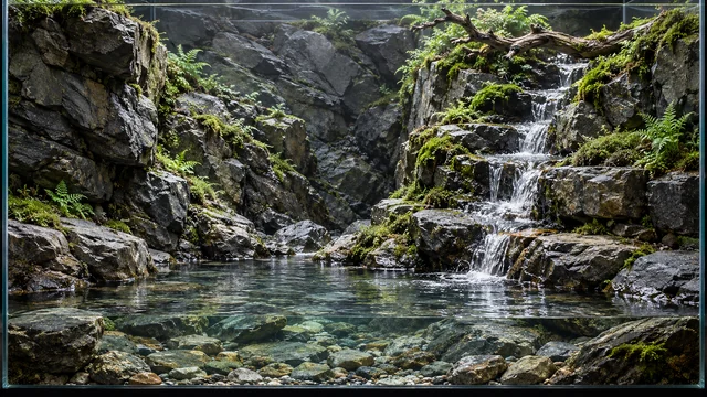 Stone-gorge paludarium with a small cascade, open front basin and moss only on selected shoulders.
