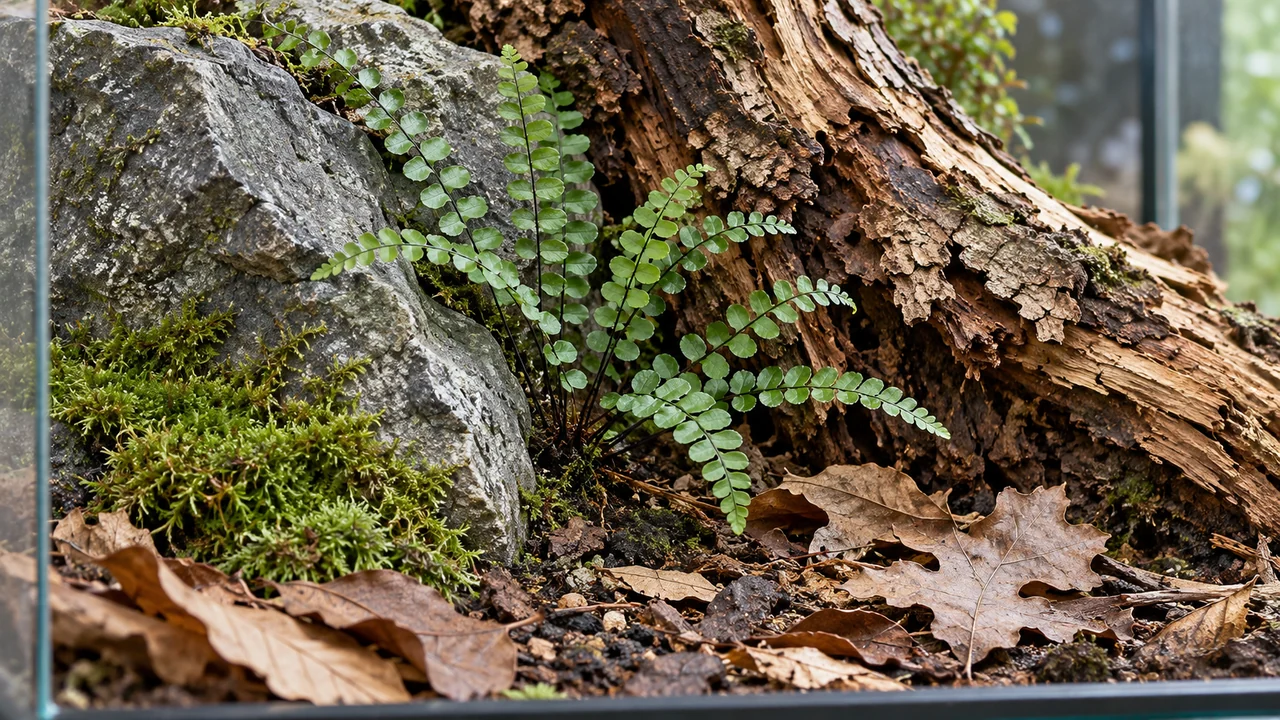 A small maidenhair-spleenwort-style fern beside a shaded rock and dry leaf edges.